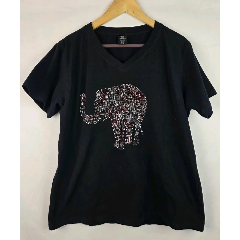 Rhinestone Elephant Women's Shirt Size 2XL Black Embellished Short Sleeve Top
